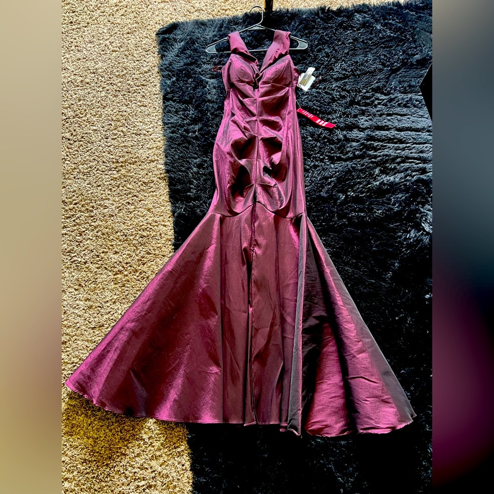 R & M Richards Burgundy Satin Mermaid Prom Dress